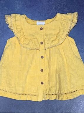Shabby Chic 24M Yellow Gauze Ruffle Top Button Front Lace Trim